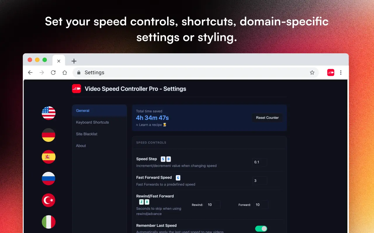 Video Speed Controller Pro settings page showing speed controls, shortcuts, and multi-language support